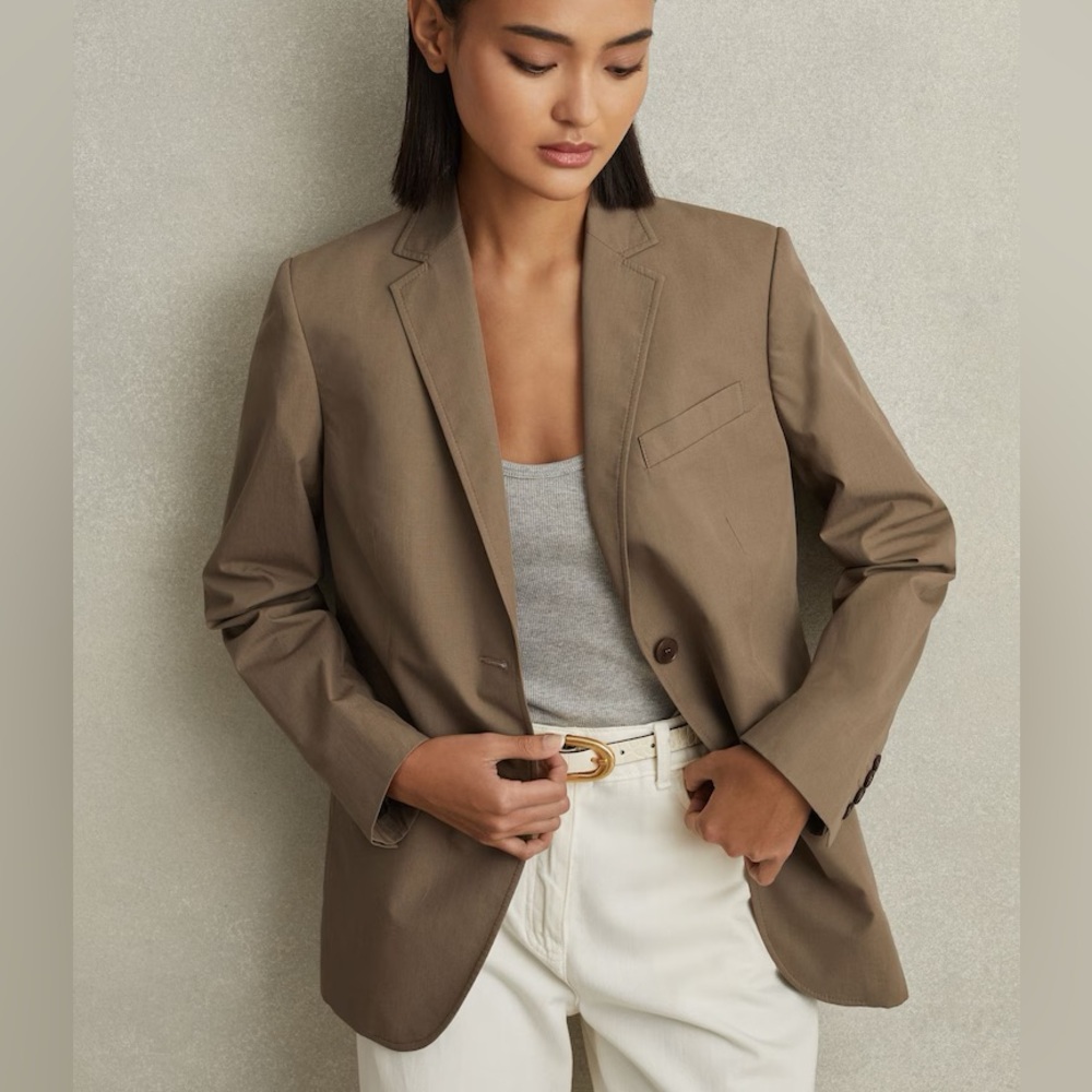 Reiss Single Breasted Cotton Blazer in Taupe